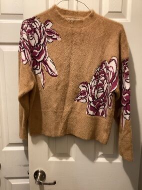 Tan Crewneck Sweater with Pink Rose Motif